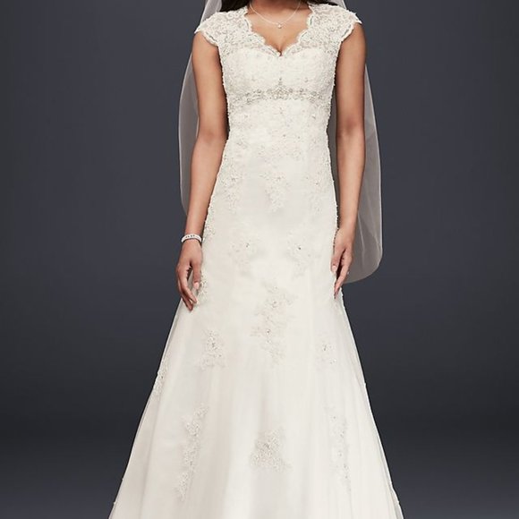 David's Bridal Cap Sleeve Lace Over Satin Wedding Dress Ivory T3299 NWOT - Picture 1 of 13